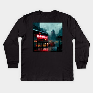 Rainy Ramen Shop - Cyberpunk Cityscape Kids Long Sleeve T-Shirt